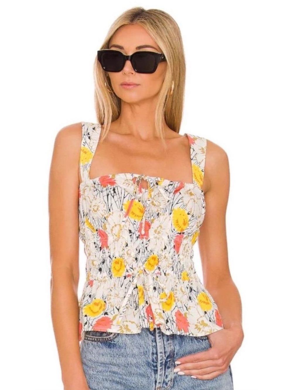 BCBG Floral Poplin Top in Gardenia Combo